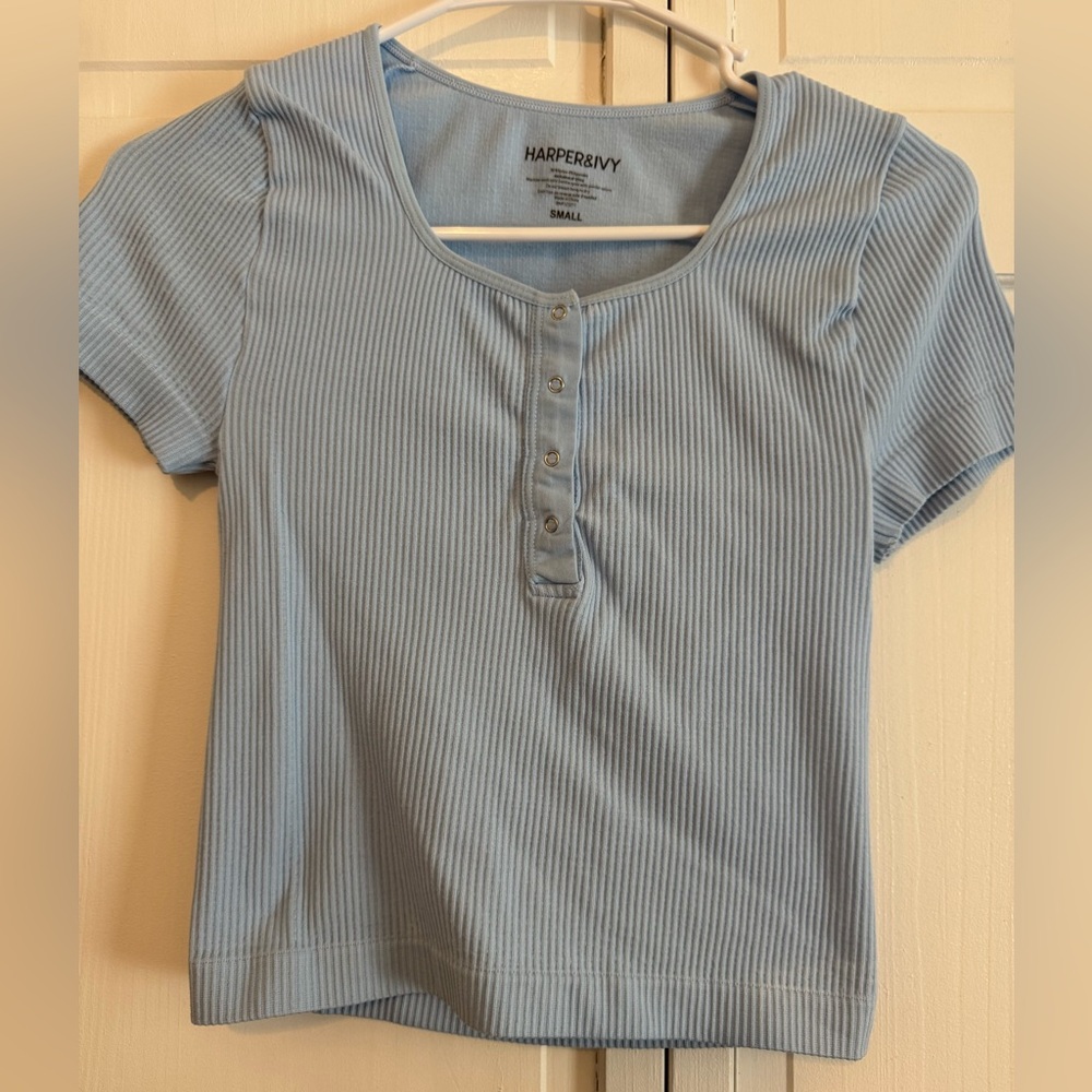 Harper Light Blue Ribbed Short Sleeve Top
